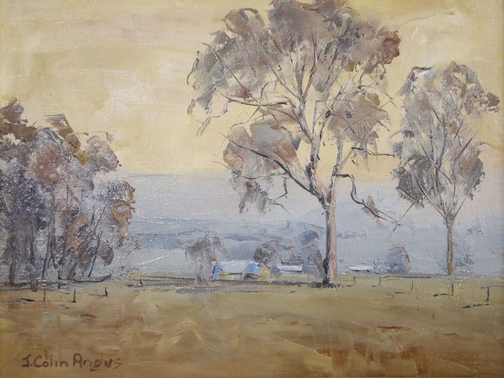 J. Colin Angus (Australian, 1907-2002), oil on canvas, Dust in the Mitta Valley, signed, 24 x 29cm